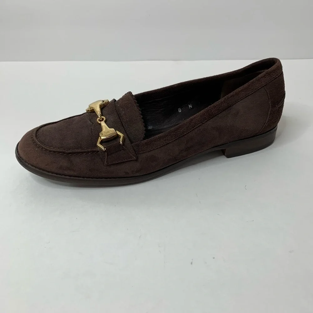 Talbots Women’s Brown Suede Flat Loafers With Gold Horse Bit Buckle Size 8 N